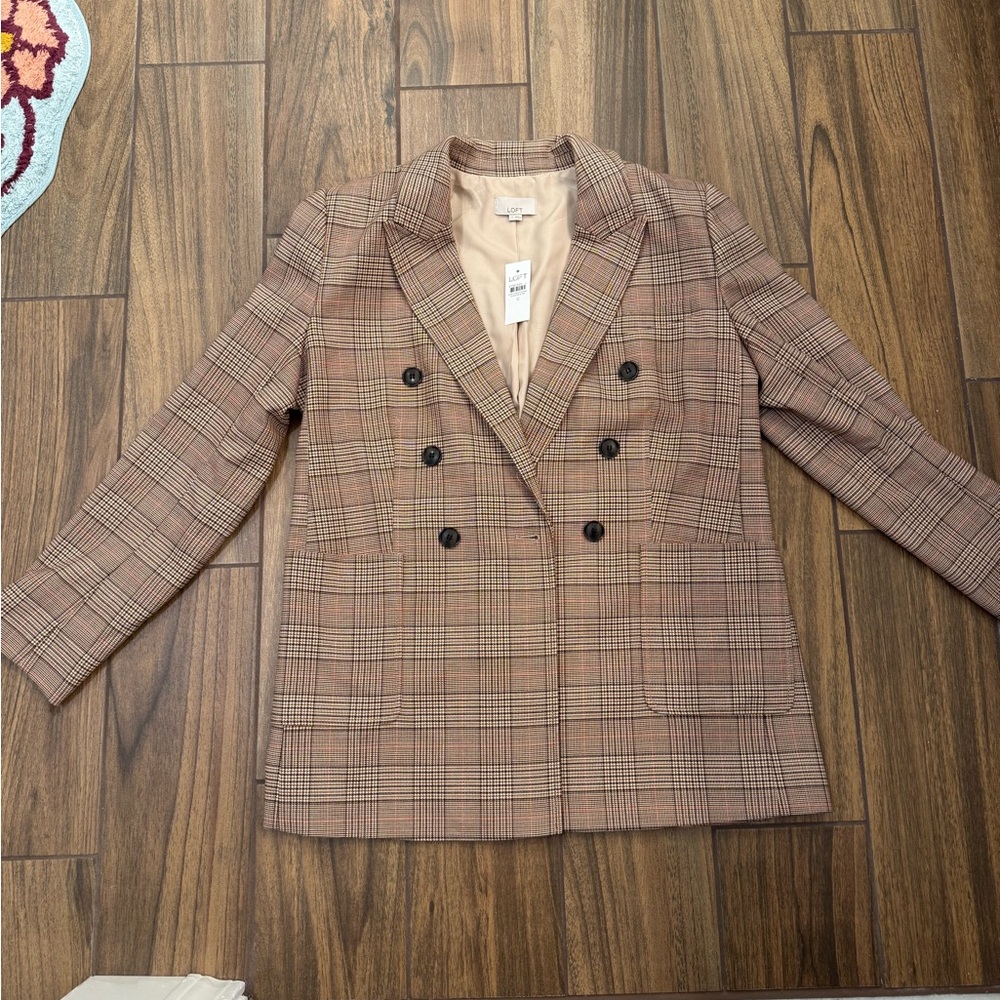 LOFT Tan Plaid Double-Breasted Blazer